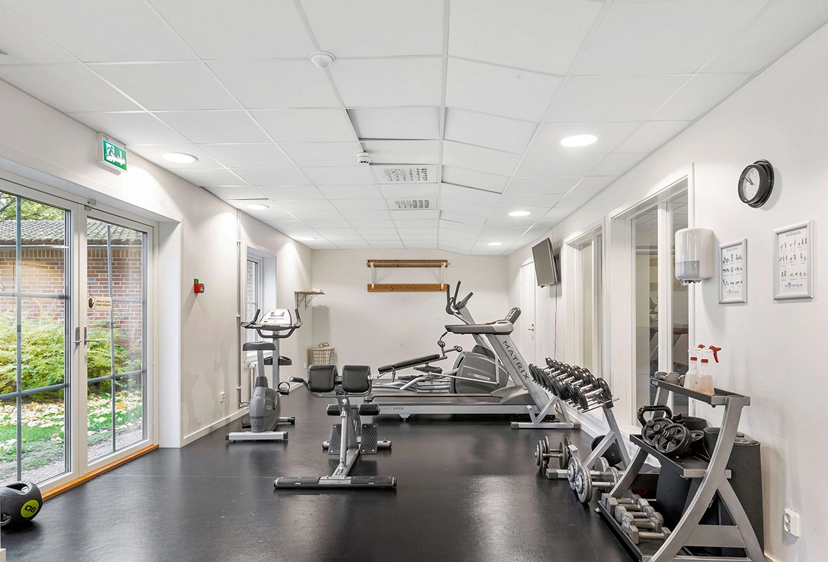 Gustaf Wasas hotellgym med fria vikter, en träningscykel, löpband och chins-stång.